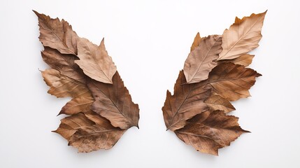 Fototapeta premium Brown dry leaves arranged in the shape of wings on a white background, symbolizing decay and change