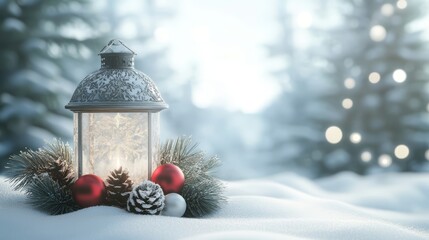 A festive red christmas lantern glows in the snow, surrounded by pine cones and holly berries