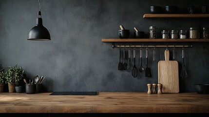 Kitchen interior with black walls, wooden countertops and wooden shelves with cooking utensils