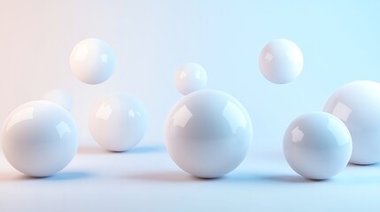 White glossy spheres against a light blue and pink background.