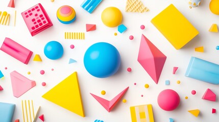 A flat lay of colorful geometric shapes and objects against a white background.