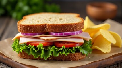 Sandwich with Thinly Sliced Deli Turkey, Crisp Lettuce, Red Onion, And Ripe Tomato Between Two Slices of Whole Grain Bread