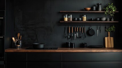 Kitchen interior with black walls, wooden countertops and wooden shelves with cooking utensils