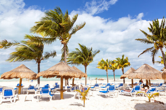 Beach with sunchairs and parasols, Cancun, Mexico