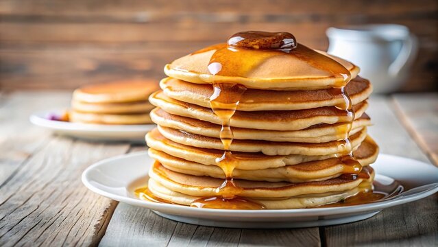 Macro shot of delicious stack of pancakes with syrup on table