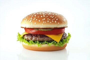 Classic hamburger on white background, front view