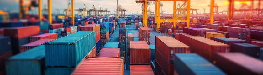 Fototapeta premium Bustling port with stacks of colorful shipping containers, symbol of global trade and logistics