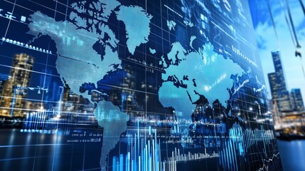 Illuminated world map, digital display of global interconnect ivity and data visualization