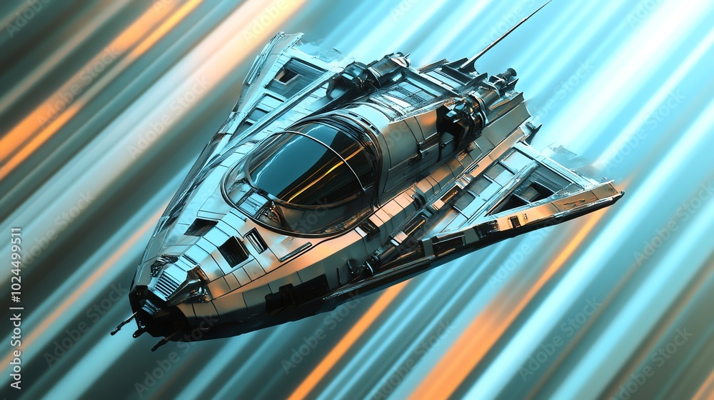 Wall mural a futuristic spaceship soars through space with a streak of light behind it.