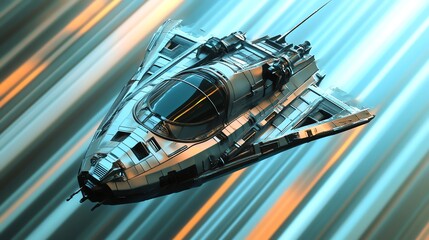 Obraz premium A futuristic spaceship soars through space with a streak of light behind it.