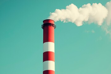 Red and White Striped Chimney with Smoke Against a Blue Sky