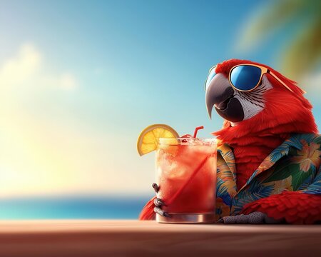 A cheerful parrot wearing sunglasses, enjoying a tropical drink by the beach, capturing a relaxed and fun vacation vibe.