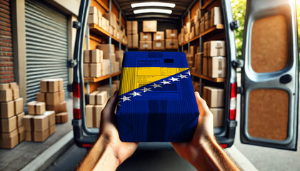 Hands holding a package wrapped in the Bosnia and Herzegovina flag design, ready for delivery. Symbolizing shipping and logistics services, with a van full of packages in the background