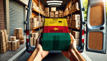 Fototapeta premium Hands holding a package wrapped in the Cameroon flag design, ready for delivery. Symbolizing shipping and logistics services, with a van full of packages in the background