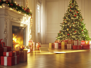 Merry christmas and new year holidays background. Blurred bokeh background with light bulbs and Christmas tree branches. Banner.	