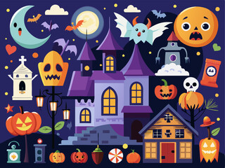 Halloween background with pumpkins, ghosts, bats and haunted house.