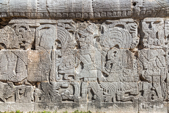 Bas reliefs in the stone, Chichen Itza, Yucatan, Mexico