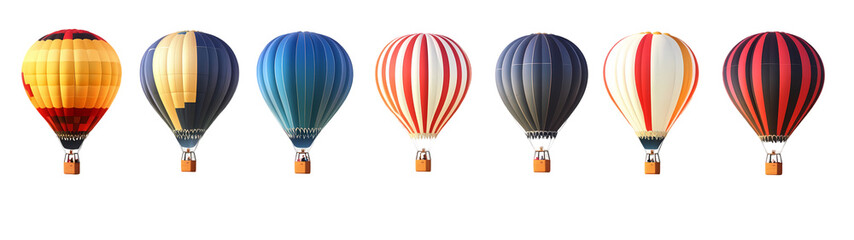 Fototapeta premium Realistic hot air balloon with vintage decor, flying on blue sky with blank golden ribbon