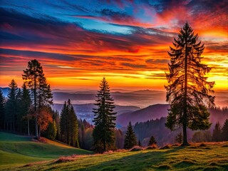 Obraz premium Captivating sunset silhouette photography showcases the breathtaking majesty of Bregenzer Wald's landscape, highlighting its dramatic contours and rich colors against the evening sky.