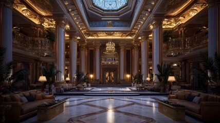 Obraz premium A high-ceilinged grand hall showcases elaborate decor with gilded walls and towering marble columns, creating an opulent and majestic atmosphere.