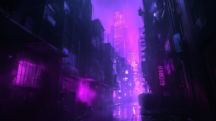 Fototapeta premium A narrow, rain-soaked alleyway in a futuristic city bathed in purple neon light.