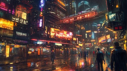 Obraz premium A futuristic city street at night, illuminated by neon lights and rain reflecting on the wet pavement.