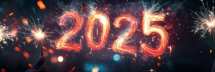 sparklers, on which watercolor sparkles and light traces form a dynamic festive pattern of the numbers "2025". New Year