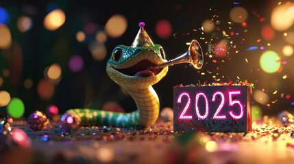 A playful snake wearing a party hat, playfully blowing a New Year's horn, with 2025 confetti bursting around it, bringing a festive mood.