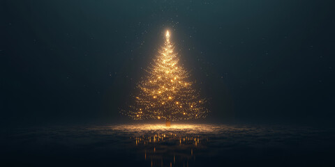 A minimal outline of a Christmas tree with subtle golden lights on black background.