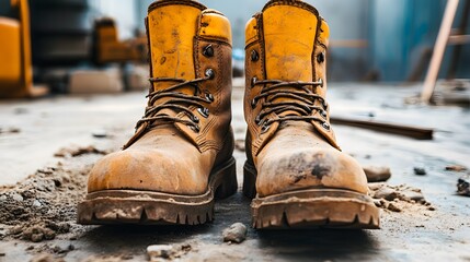 A set of rugged work boots with scuff marks, displayed in a construction site setting