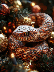 Fototapeta premium A wooden snake coiling through Christmas ornaments, creating a holiday atmosphere with a New Year's theme.