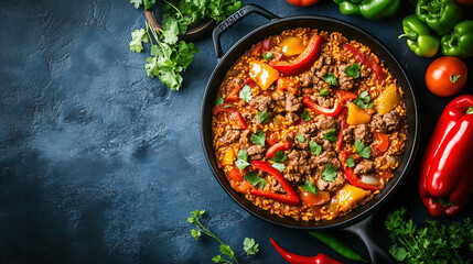 paprika pan, Photo of a skillet with beef and bell peppers in the style of Tina's lithograph style on a dark blue background, top view. Cheese chicken mince paella in a cast-iron pan with colorful veg
