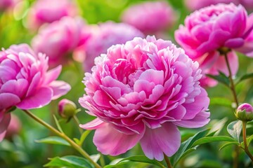 Macro shot of pink peony flower petals in summer garden