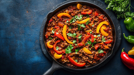 paprika pan, Photo of a skillet with beef and bell peppers in the style of Tina's lithograph style on a dark blue background, top view. Cheese chicken mince paella in a cast-iron pan with colorful veg