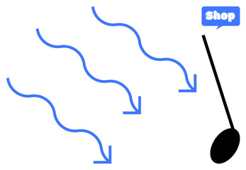 Curved blue arrows point towards a black object resembling a shopping cart. A blue speech bubble with the word Shop is present. Ideal for online shopping, e-commerce, digital marketing, retail, sales