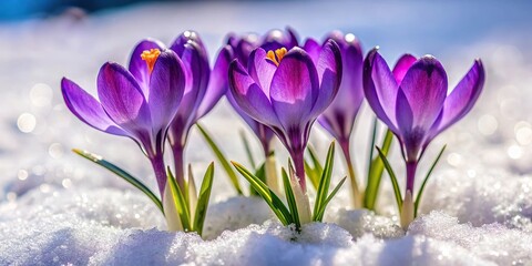 Macro shot of purple spring crocus flowers blooming in the snow