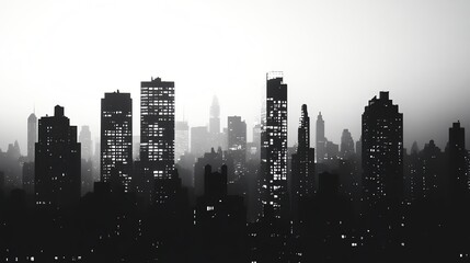 Naklejka premium A black and white skyline of a city at dusk with tall buildings.