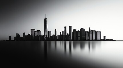 Obraz premium A black and white silhouette of the New York City skyline reflected in the water.