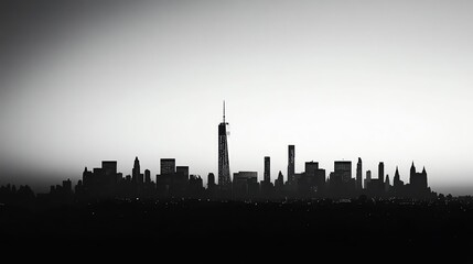 A black and white silhouette of the New York City skyline.