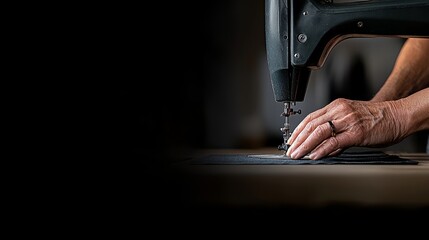 Naklejka premium Hands expertly operate a black sewing machine as they focus on sewing black cloth with precision and care in a dimly lit setting.