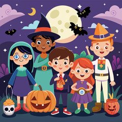 Adorable Halloween illustration featuring five cute kids dressed up in fun costumes. Perfect for creating spooky and festive designs, cards, or decorations for your Halloween celebrations.