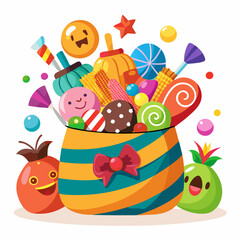 A cheerful illustration featuring a striped bag overflowing with colorful candies, lollipops, and other treats, perfect for adding a whimsical touch to your designs.