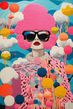 abstract woman with pink hair and sunglasses, vintage, retro