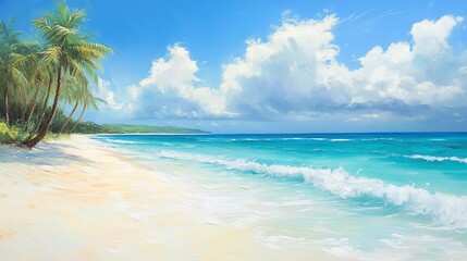 Fototapeta premium Idyllic beach scene with palm trees, white sand and turquoise water.
