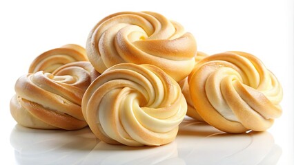 Fototapeta premium Delight in Fresh Twisted Milk Butter Rolls, featuring an exquisite collection of butter curls artfully displayed against a crisp white background for packaging elegance.