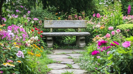 Stone bench in a lush garden with a stone pathway surrounded by colorful flowers