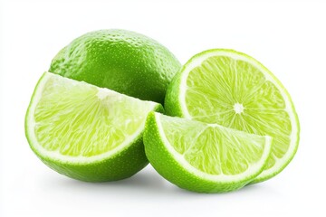 Green lime with cut in half and slices isolated on white background