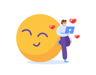 happy worker concept. enjoy and like work. Enjoy the work process. illustration of a male employee feeling comfortable and happy while working. smile emoticon symbol. flat style design. element