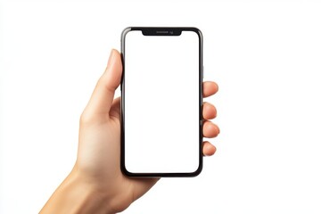 Hand Woman holding smartphone with blank screen isolated on white background