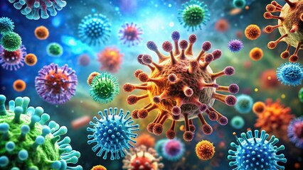 Fototapeta premium Macro shot of various microbes, virus cells, and bacteria on abstract background